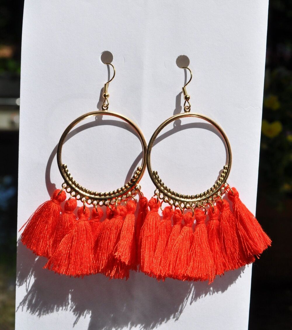 Round Gold-tone Hoop Boho Gypsy earrings with red tassel fringe - Picture 2 of 5